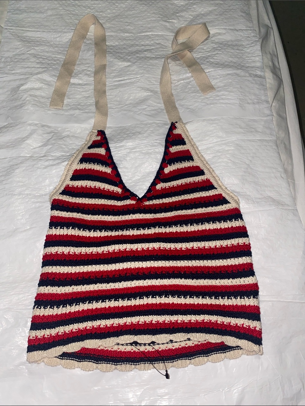 T.J.Maxx Red Navy Cream Striped Crochet Halter Tank